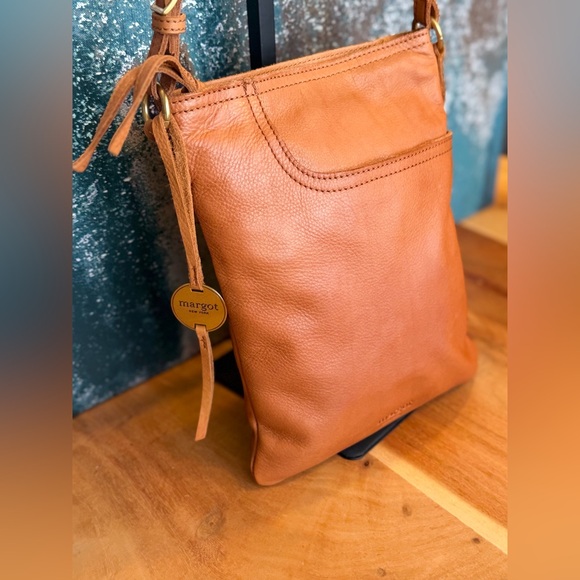 margot Handbags - Margot New York Split Pocket Leather Crossbody in Cognac color